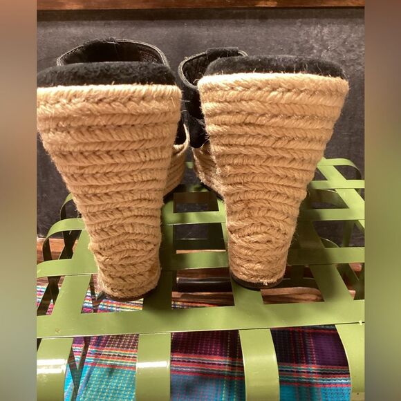 Ugg Black High Heeled Slip on Leather Sandals Braided Jute Covered Heels Sz 9 - Picture 11 of 16